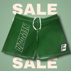 Nice color green shorts! Waist is 34 inches, has waist strings to tighten it.